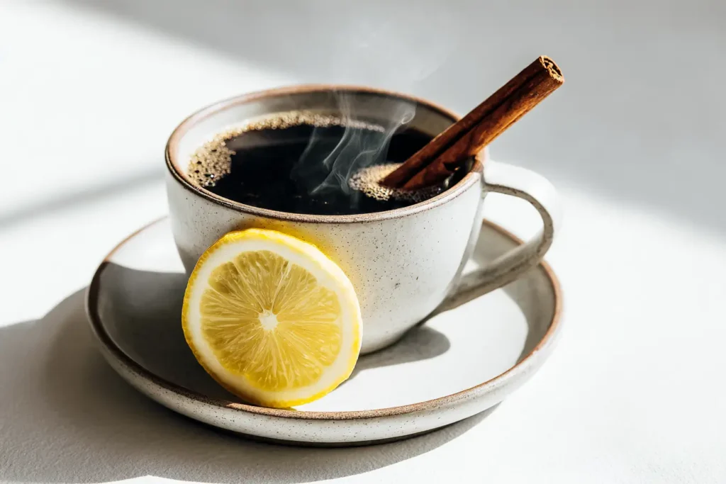 Kaffee mit Zimt und Zitrone in stylischer Präsentation