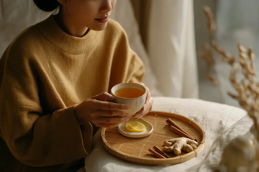 Koreanische Frau trinkt Ingwer-Zimt-Tee als Teil ihres morgendlichen Wellness-Rituals zur Aktivierung des Stoffwechsels.