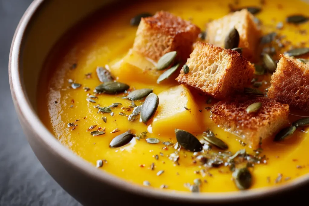 Cremige Kürbissuppe mit Kartoffeln in weißer Schale, mit gerösteten Kürbiskernen garniert