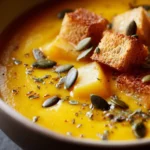 Cremige Kürbissuppe mit Kartoffeln in weißer Schale, mit gerösteten Kürbiskernen garniert