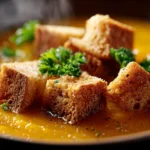 Omas Kürbissuppe cremig zubereitet im Thermomix, garniert mit frischen Kräutern