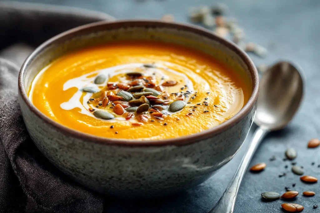 Cremige Kürbissuppe mit Kokosmilch, garniert mit gerösteten Kürbiskernen