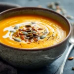 Cremige Kürbissuppe mit Kokosmilch, garniert mit gerösteten Kürbiskernen