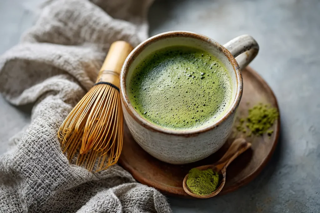 Matcha Latte Zubereitung mit Bambusbesen in Keramikschale