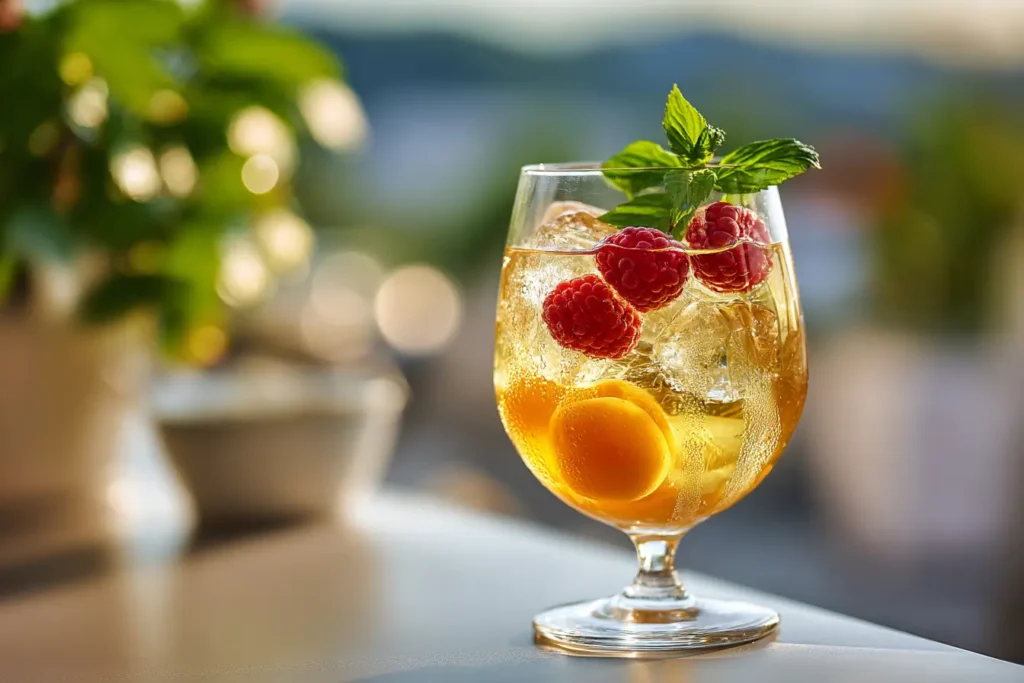 Sommerlicher Cocktail mit Mirabellenlikör auf Terrasse