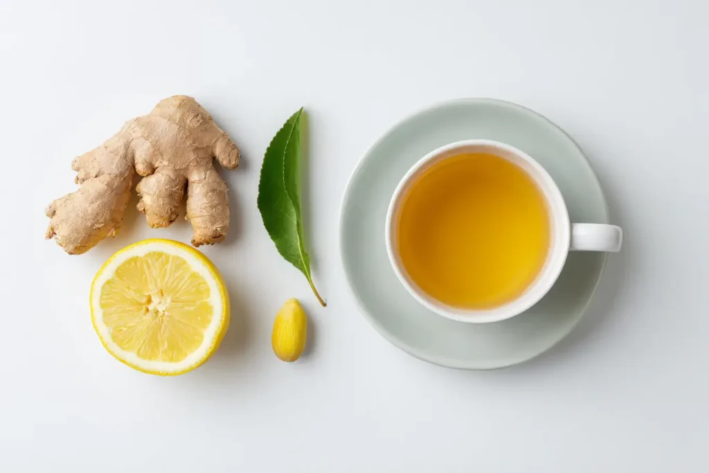 Mounjaro Medikament neben einer Tasse Ingwer-Zimt-Tee – Kombination aus medizinischem und natürlichem Abnehmtrend.