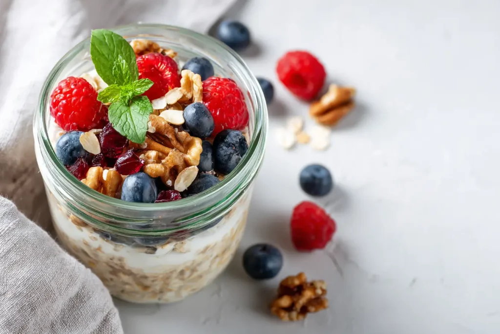 Overnight Oats with Yogurt im Glas mit frischen Beeren