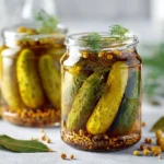 Senfgurken im Glas eingeweckt mit Dill, Senfkörnern und Lorbeer