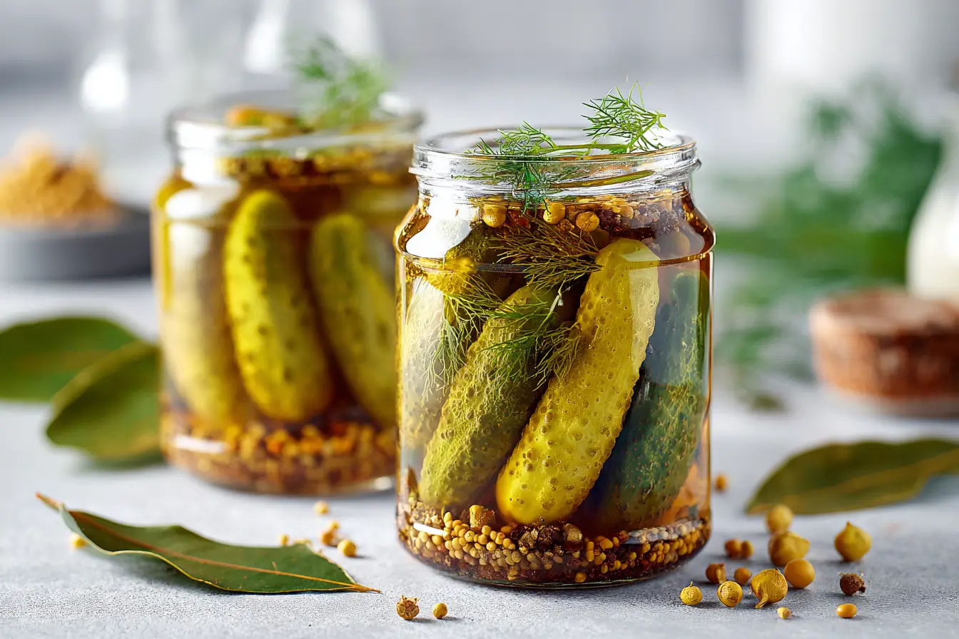 Senfgurken im Glas eingeweckt mit Dill, Senfkörnern und Lorbeer