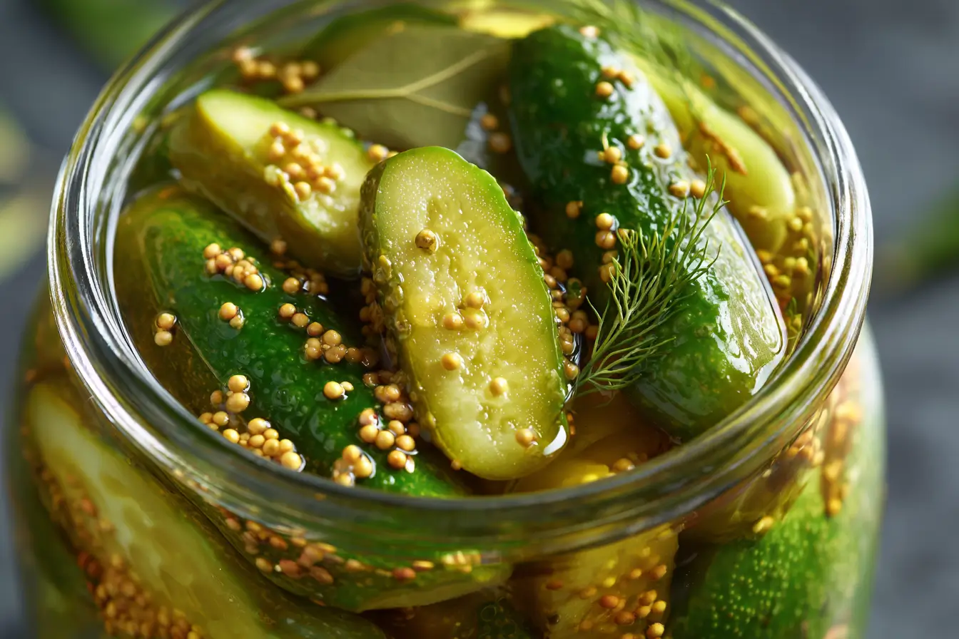 Senfgurken nach Omas Rezept im Glas mit Senfkörnern und Dill