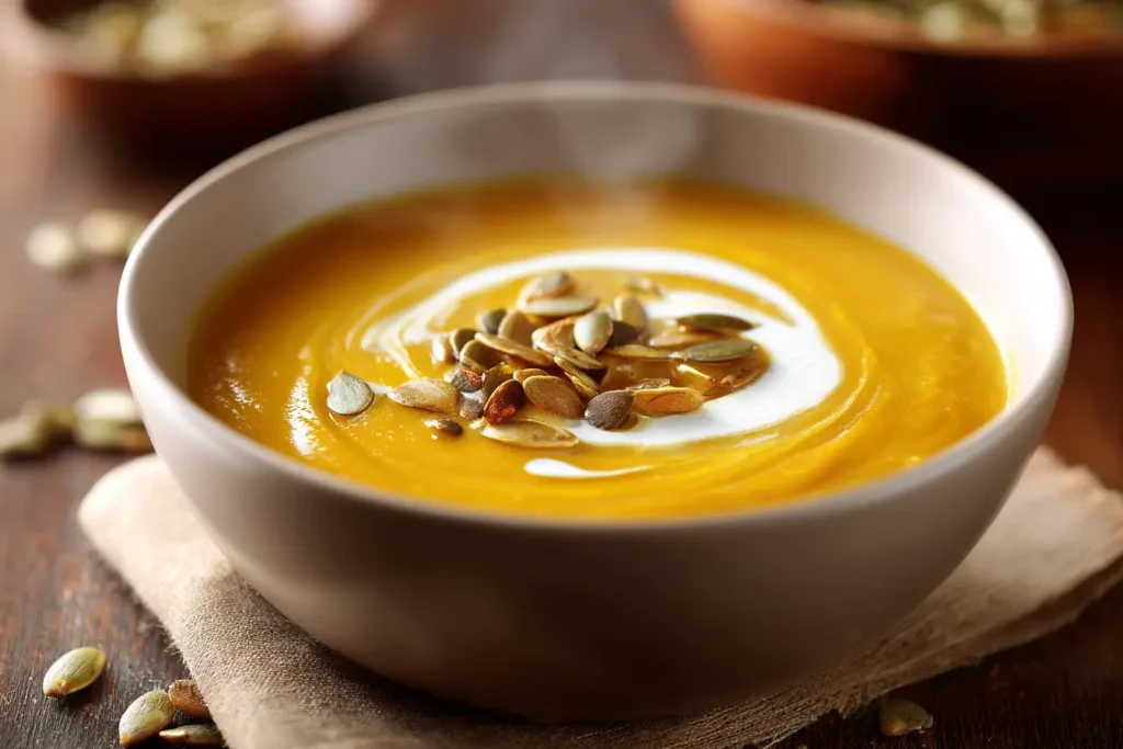 Vegane Omas Kürbissuppe cremig mit Kokosmilch und Kürbiskernöl garniert