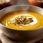 Vegane Omas Kürbissuppe cremig mit Kokosmilch und Kürbiskernöl garniert