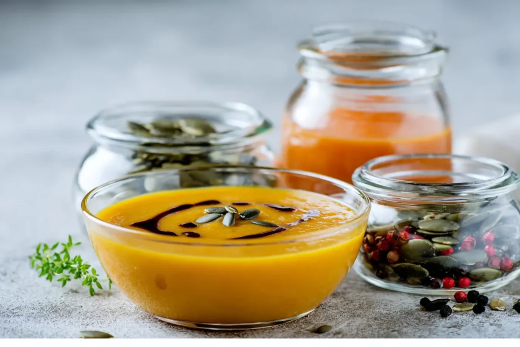 Vegane Kürbissuppe Zutaten in modernen Glasbehältern auf der Küchenarbeitsplatte