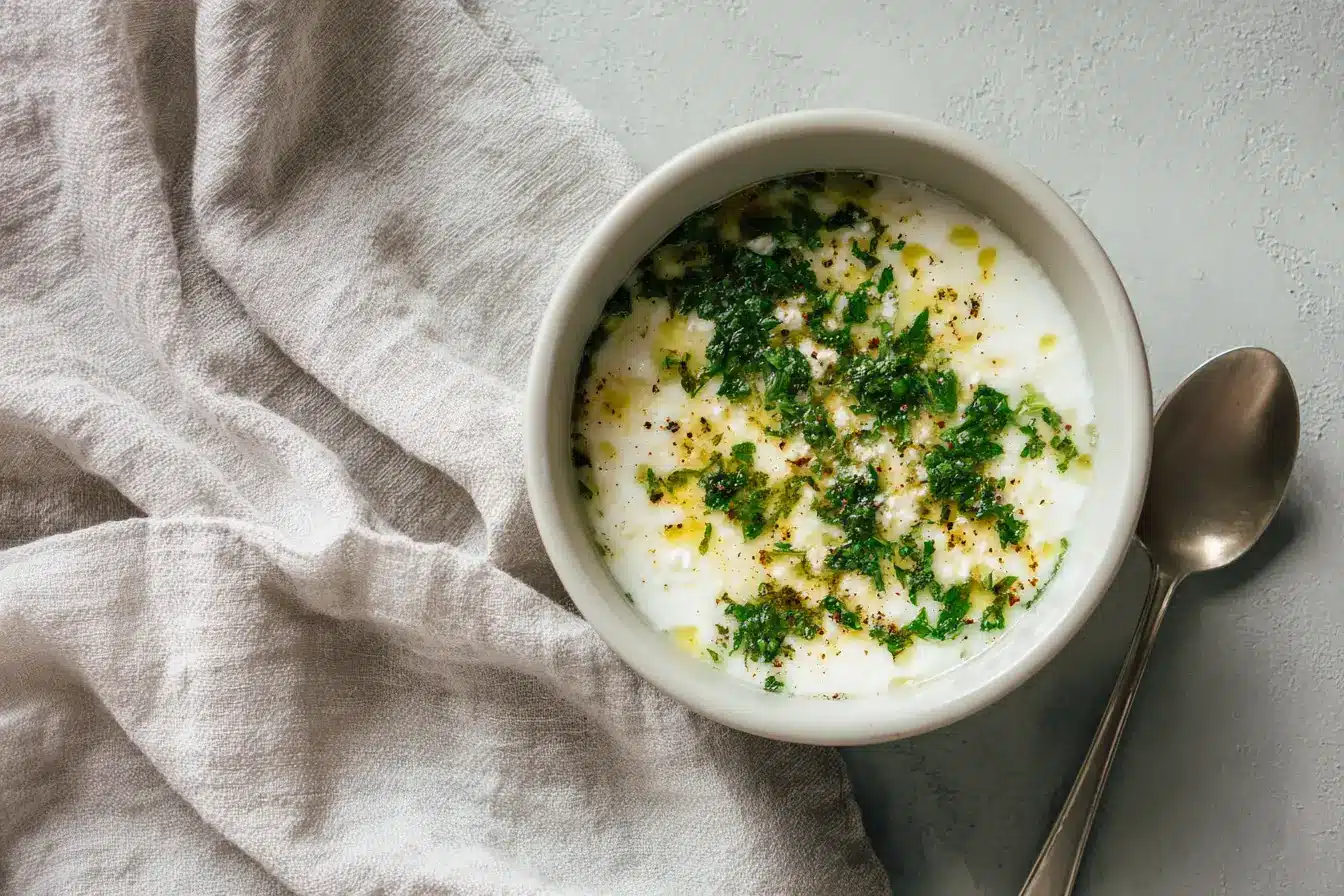 Yarmalı yoğurt çorbası in Keramikschale mit Minzbutter
