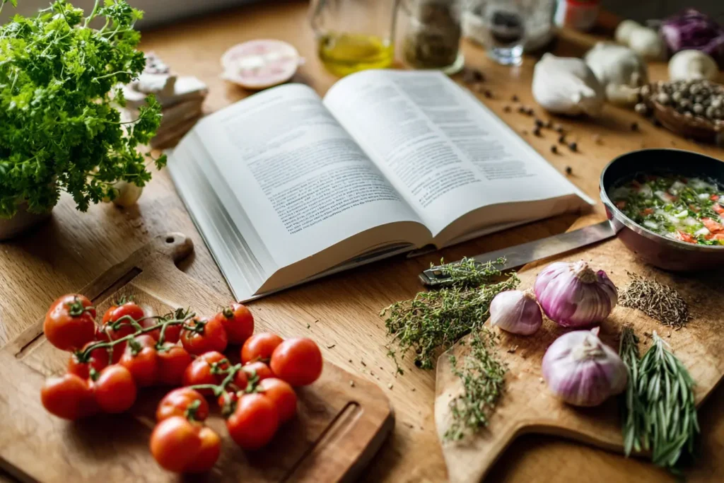 Zubereitung in der Küche mit frischen Zutaten und Kochbuch