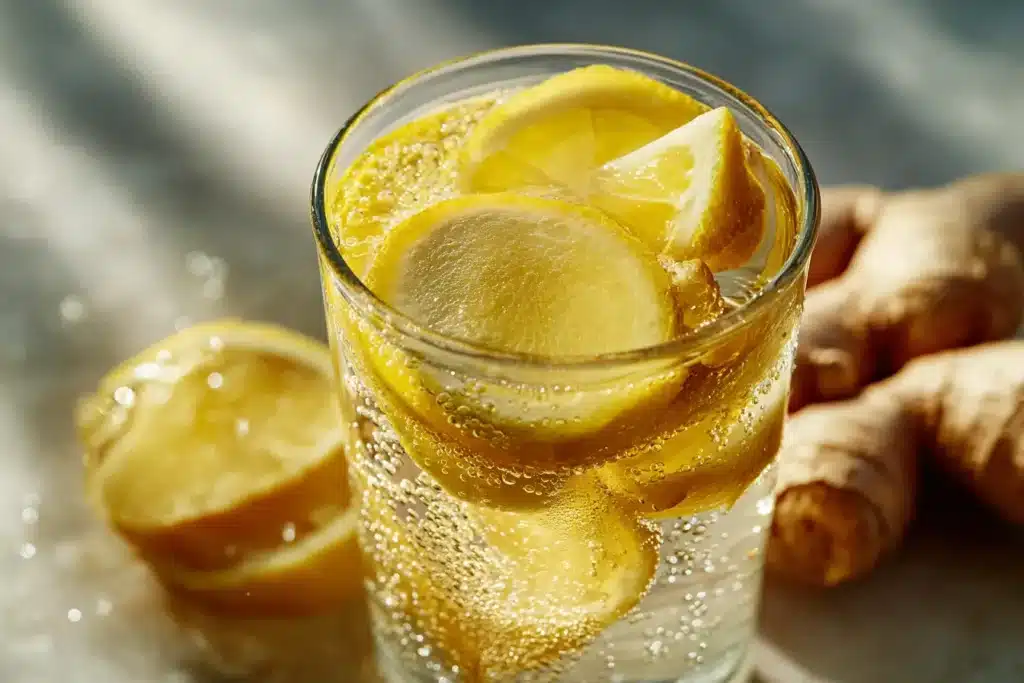 Close-up eines Glases Ingwer-Zitronen-Wassers mit Ingwer- und Zitronenscheiben