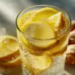 Close-up eines Glases Ingwer-Zitronen-Wassers mit Ingwer- und Zitronenscheiben