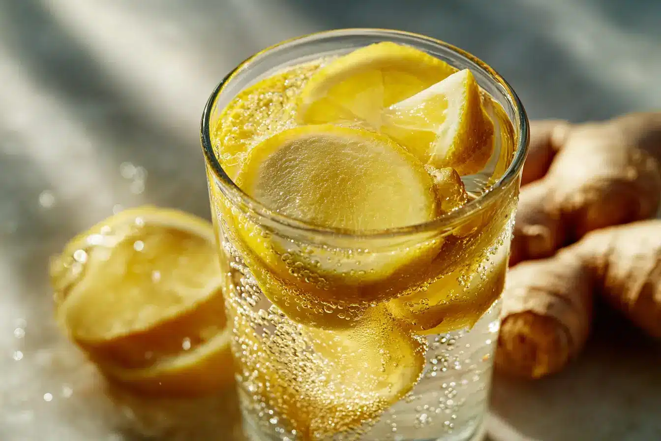 Close-up eines Glases Ingwer-Zitronen-Wassers mit Ingwer- und Zitronenscheiben