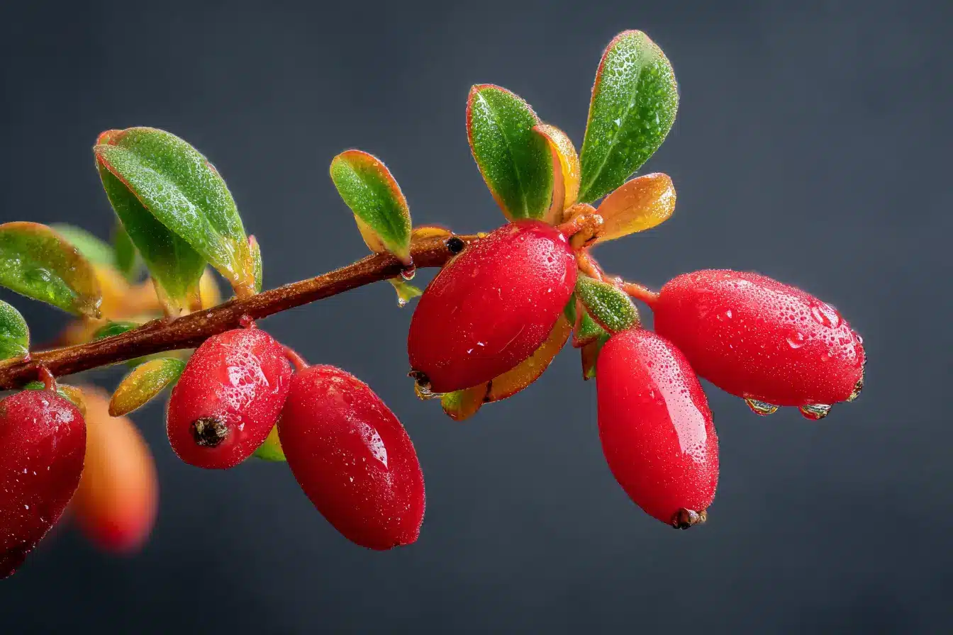 Berberitzenstrauch mit roten Beeren im Garten