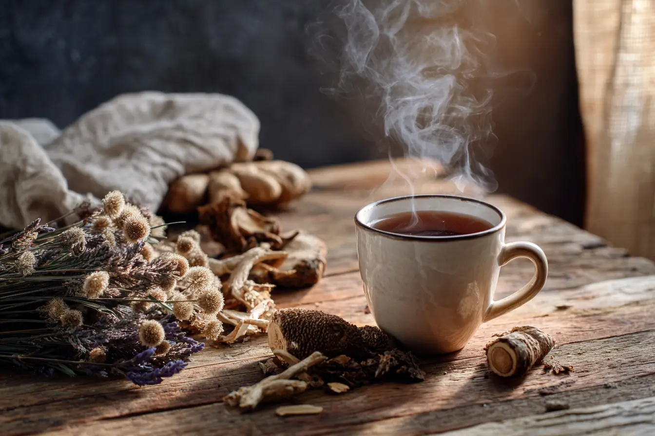 Tasse Bergwurzel Tee mit frischer Bergwurzel und Kräutern