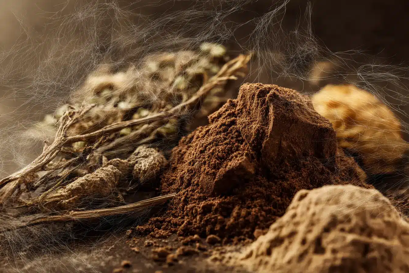 Bergwurzel Pulver in Glas mit Löffel auf Holz