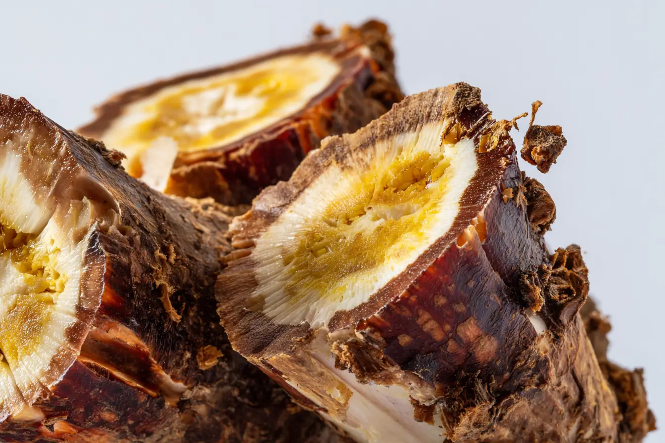 Frisch geerntete Changbai‑Bergwurzel mit Erde auf Holzuntergrund