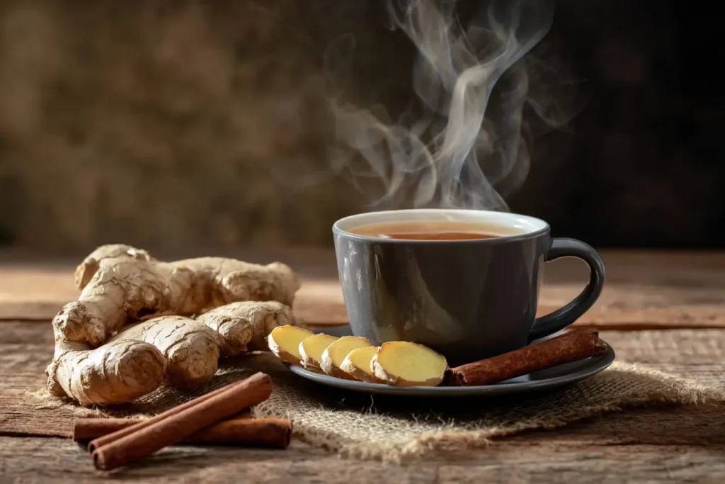 Der Ingwer Trick – Ingwertee mit Zimt auf Holztisch in Nahaufnahme