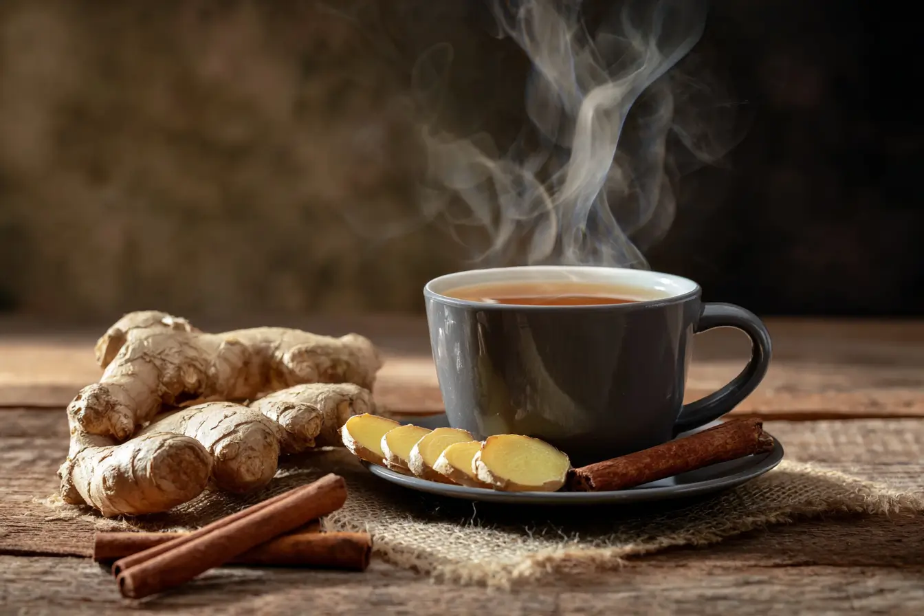 Der Ingwer Trick – Ingwertee mit Zimt auf Holztisch in Nahaufnahme