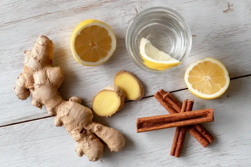 Natürliche Zutaten für den Doc Fischer Ingwer Trick auf einem Holzuntergrund