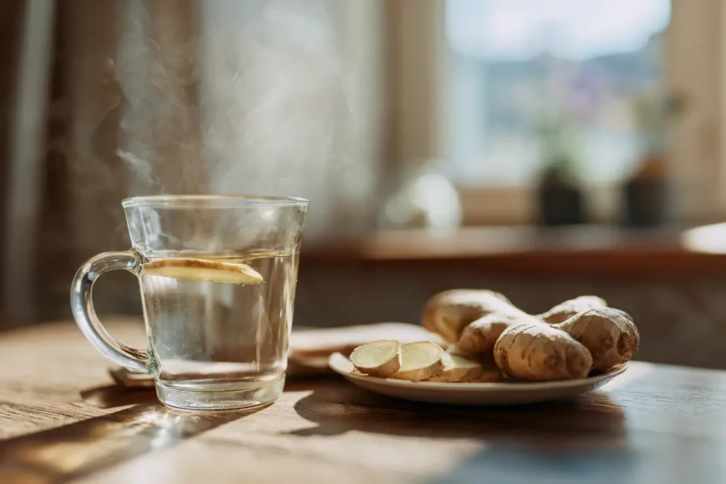 Warm beleuchtete Morgenszene mit einem Glas Ingwerwasser auf einem Holztisch als Teil einer achtsamen Morgenroutine.