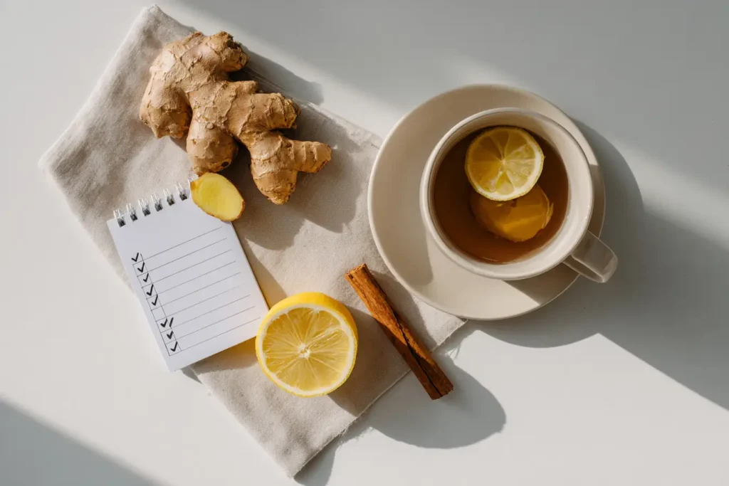Flatlay mit Ingwerscheiben, Zitrone, Zimt und einem warmen Ingwergetränk sowie einem Notizblock mit Alltagstipps.