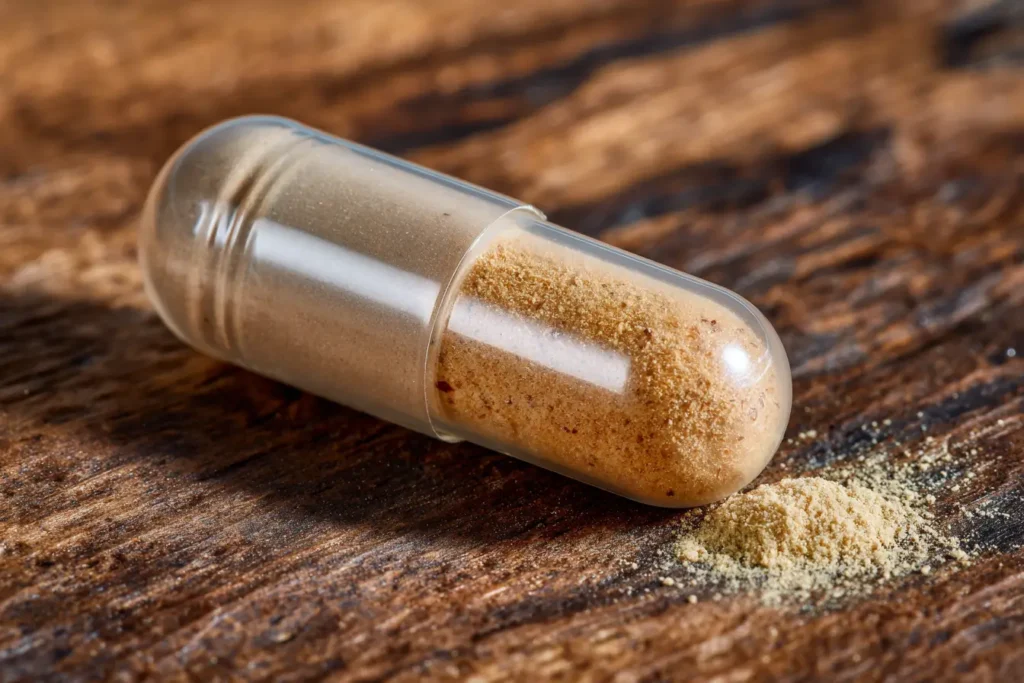 Nahaufnahme von Gingifit Kapseln mit Ingwerextrakt auf Holztisch