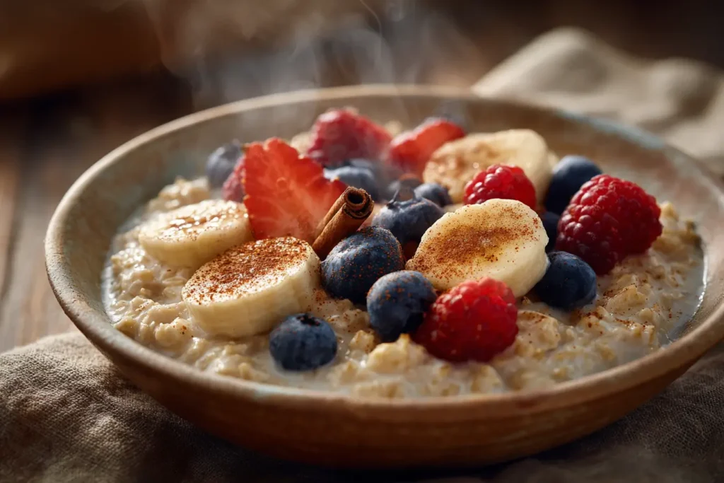 Cremiger Haferbrei mit Milch, frischen Beeren und Banane