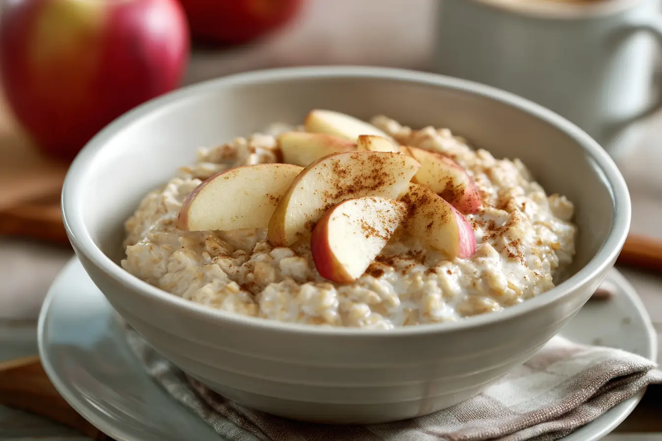 Nahaufnahme von Haferbrei mit Apfelscheiben und Zimt auf rustikalem Frühstückstisch