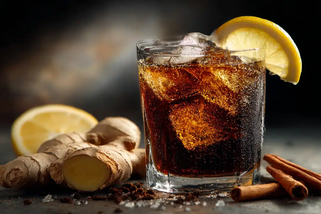 Glas mit Ingwer Cola zum Abnehmen – mit Zitrone, Eis und Zimt