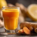 Ingwer Shot Rezept Kurkuma in Glas mit Zitrone und frischen Wurzeln