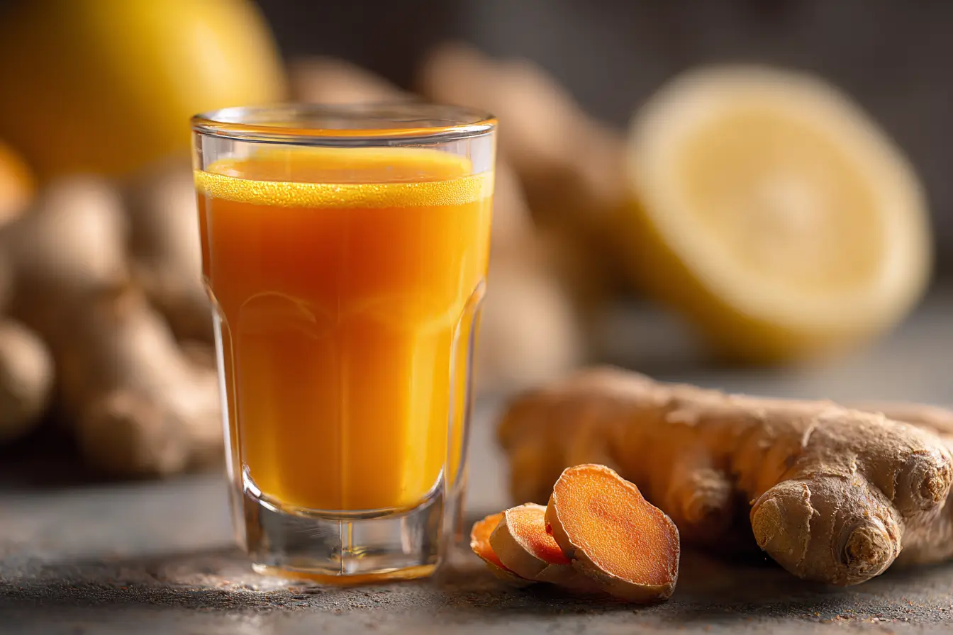 Ingwer Shot Rezept Kurkuma in Glas mit Zitrone und frischen Wurzeln