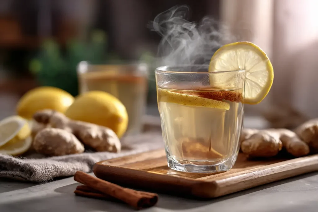 Close-Up Glas Ingwer Trick Getränk mit Zitrone und Gewürzen