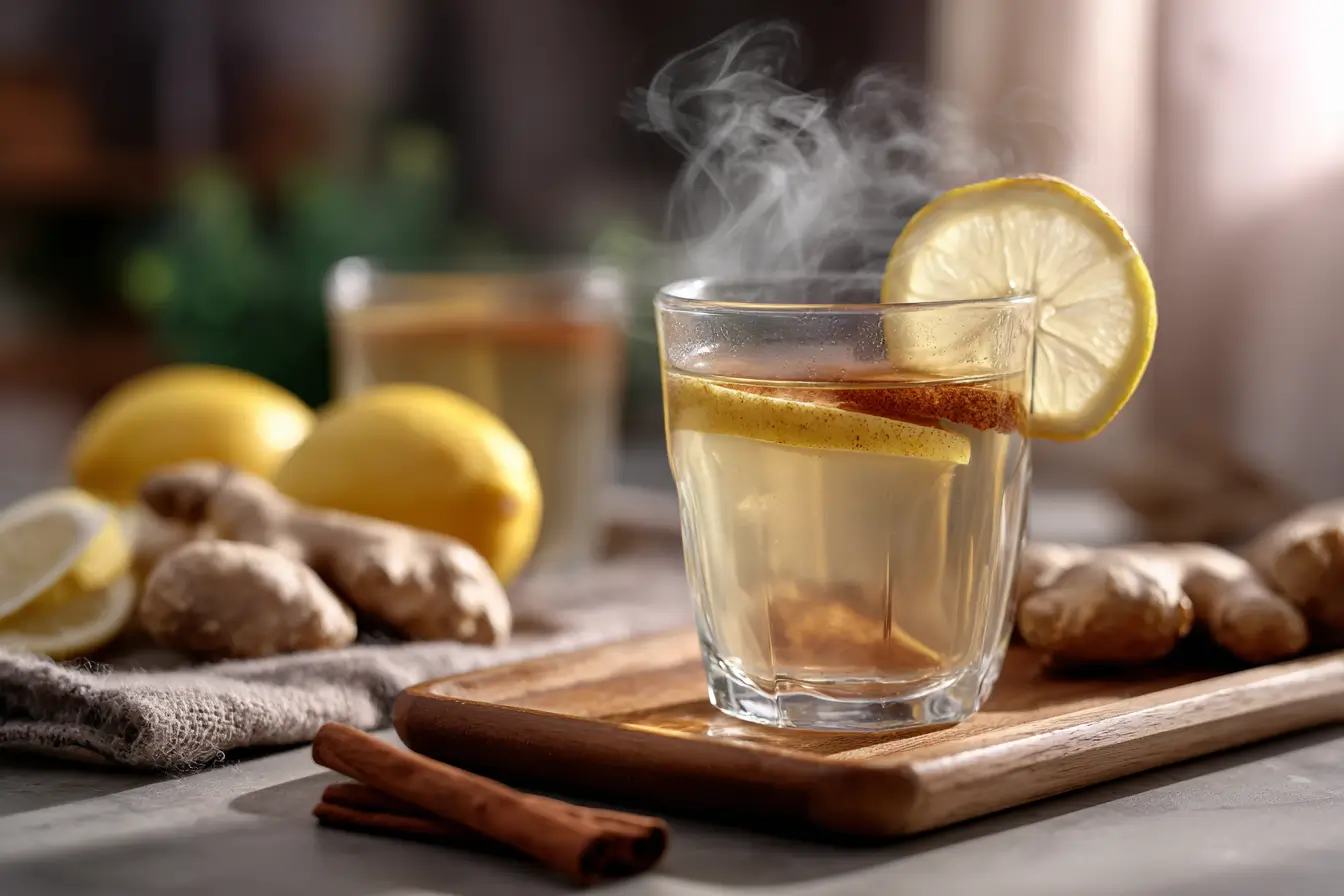 Close-Up Glas Ingwer Trick Getränk mit Zitrone und Gewürzen