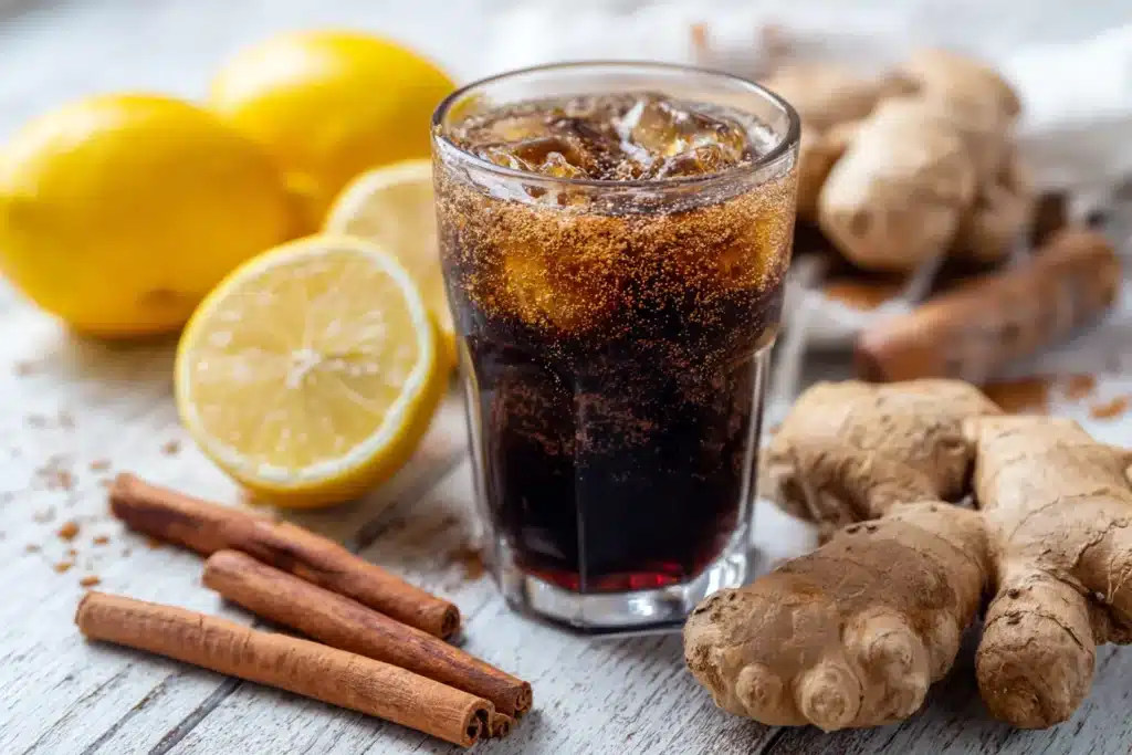 Glas mit Ingwer‑Zimt‑Cola, umgeben von frischem Ingwer, Zimtstangen und Zitrone