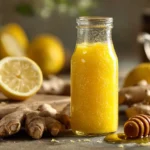 Frischer Ingwer Zitronen Shot in Glasflasche auf Holztisch mit Zitronen und Ingwer