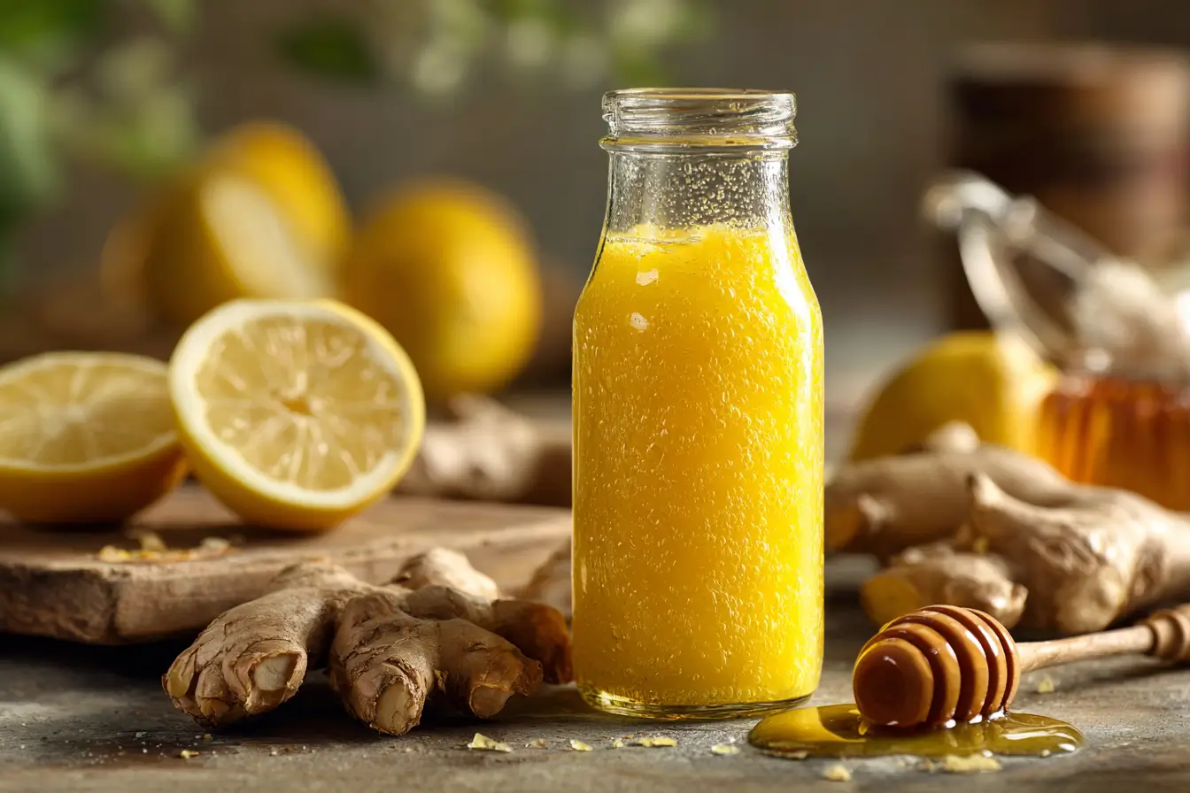 Frischer Ingwer Zitronen Shot in Glasflasche auf Holztisch mit Zitronen und Ingwer