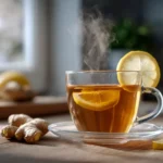 Frisch zubereiteter Ingwertee mit Zitrone in einer Tasse auf Holztisch
