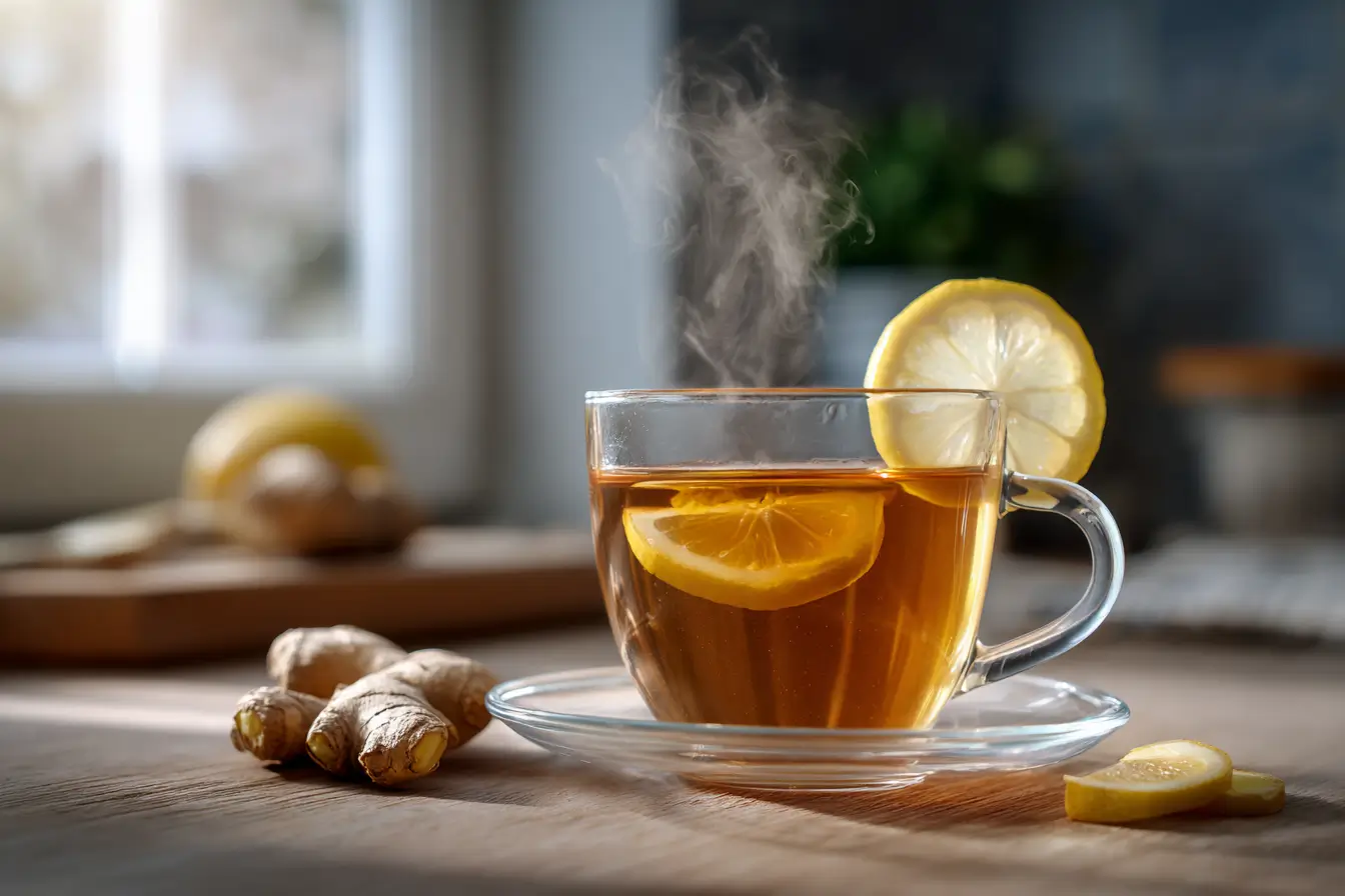 Frisch zubereiteter Ingwertee mit Zitrone in einer Tasse auf Holztisch