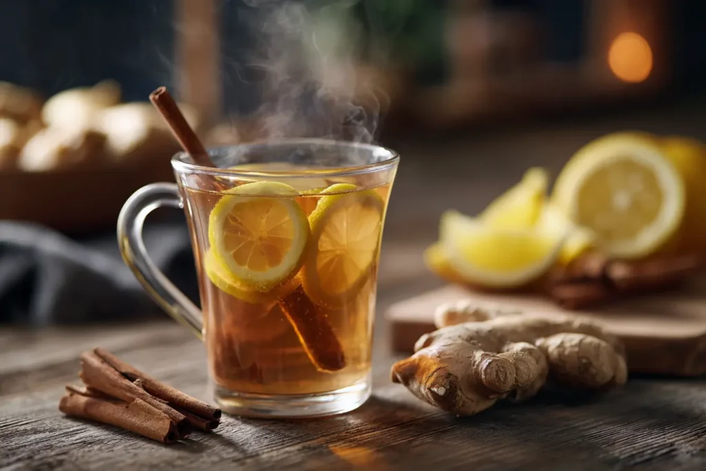 Ingwertee mit Zitrone und Zimt in Glasbecher mit Dampf