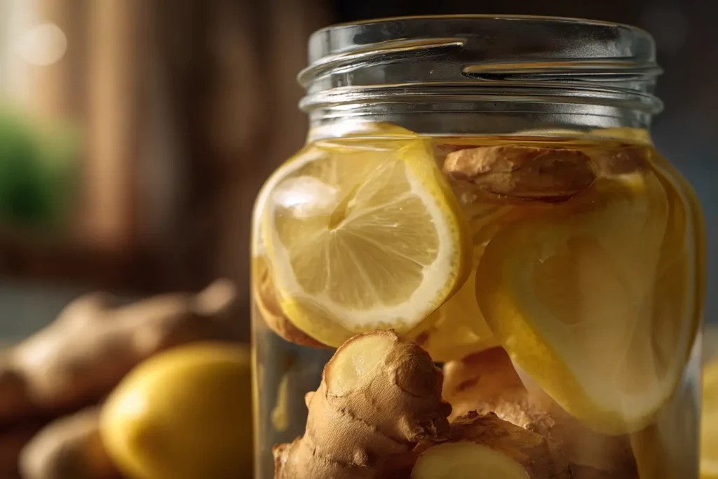 Nahaufnahme von Ingwerwasser mit frischen Ingwerscheiben