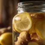 Nahaufnahme von Ingwerwasser mit frischen Ingwerscheiben