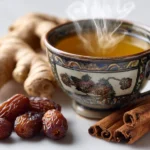 Zutaten für das koreanische Ingwer-Zimt-Ritual – Ingwer, Zimt, Zitrone, Jujube und Honig