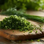 Frisch gehackte Kräuter für Kräuterbutter auf Schneidebrett