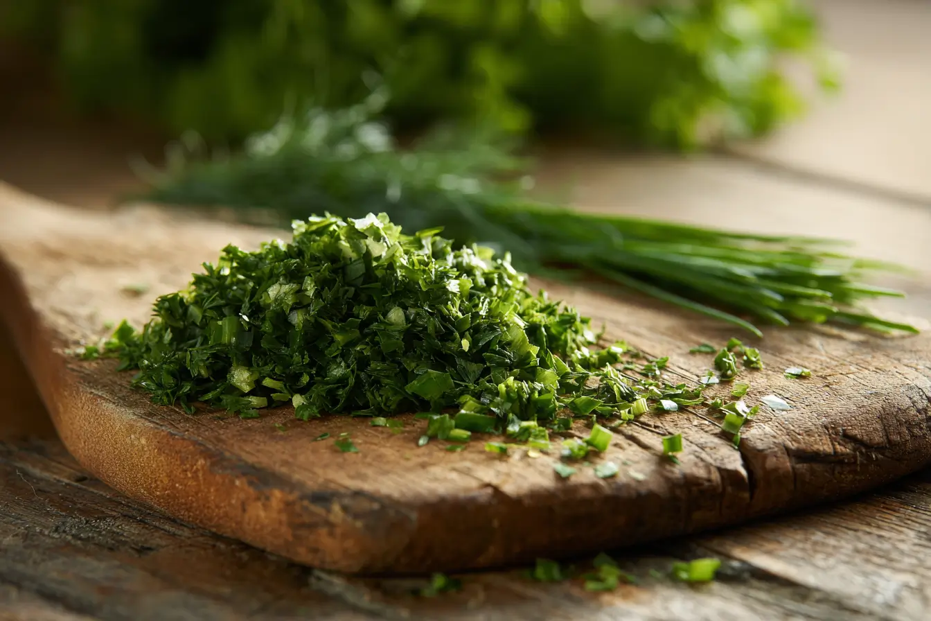 Frisch gehackte Kräuter für Kräuterbutter auf Schneidebrett